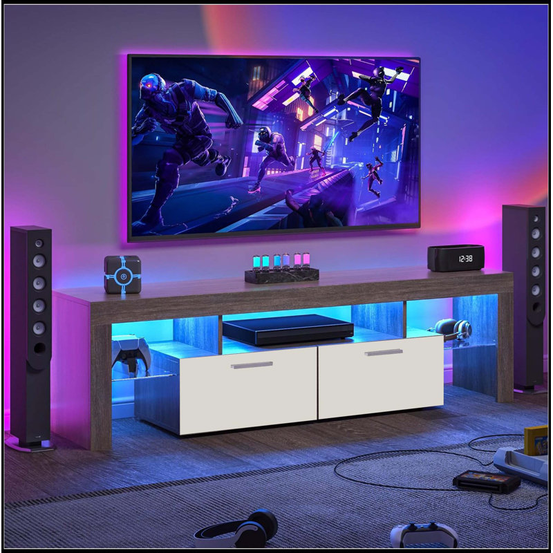 DFW Modern LED TV Stand With Large Storage Drawer For 40-75 Inch Tvs, Brown Wood + White Farmhouse Console For Living Room & Bedroom