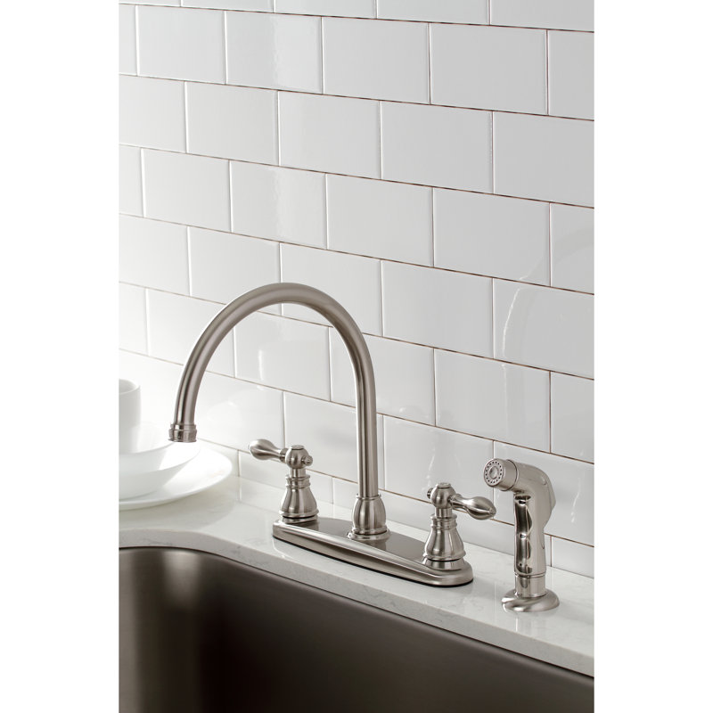 Kingston Brass American Classic Two-Handle 4-Hole 8" Centerset Kitchen Faucet with Side Sprayer, Brushed Nickel