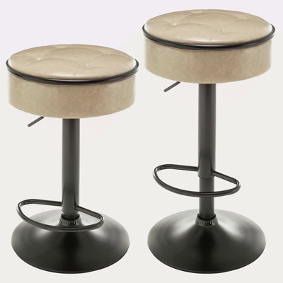Ensemble de 2 tabourets de bar ronds avec rangement, tabouret de bar réglable en hauteur en similicuir, tabouret pivotant à 360 °, chaise de bar sans accoudoirs avec structure en métal pour comptoir de cuisine