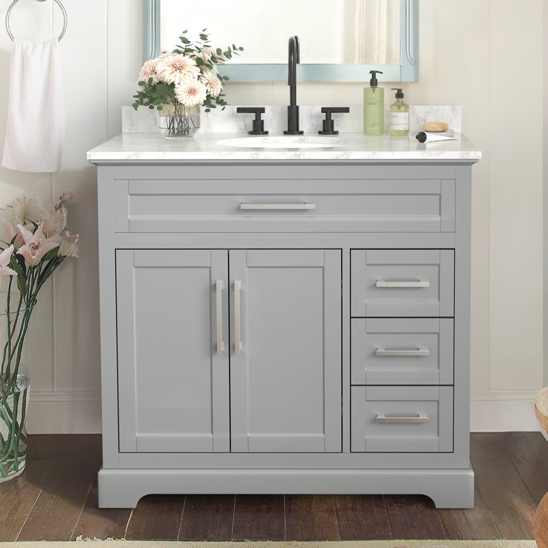 Meuble-lavabo 36 po avec plateau en marbre Auben Auben, Blanc / gris