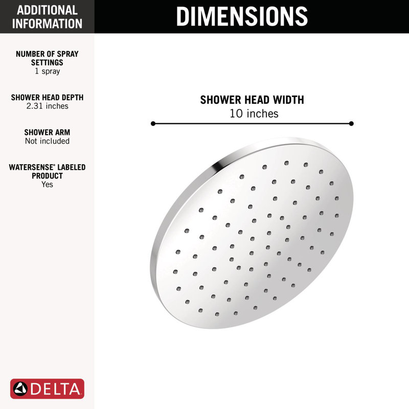 Delta Chrome Rain Shower Head, 10 Inch Metal Large Shower Head Rainfall, Overhead Rain Showerhead, 1.75 GPM Flow Rate, Lumicoat Chrome