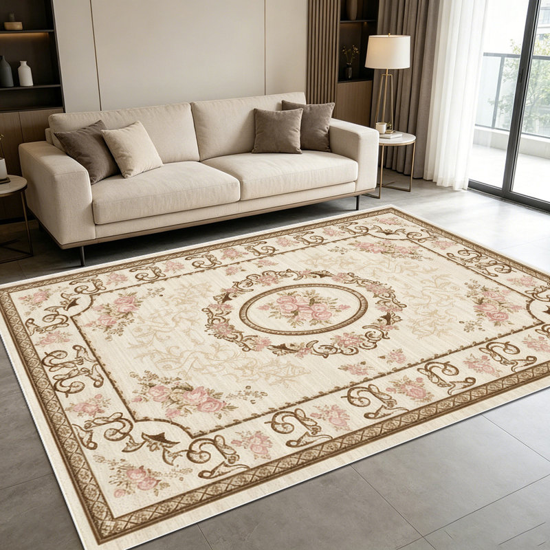 1PC Vintage European Pink Floral Medallion Scrollwork area rugs for Living Room, Soft and Comfortable, Suitable for all seasons, easy-to-maintain, machine washable Indoor floor mat, Under Table Farmhouse suitable for dining room, bedroom, entryway,