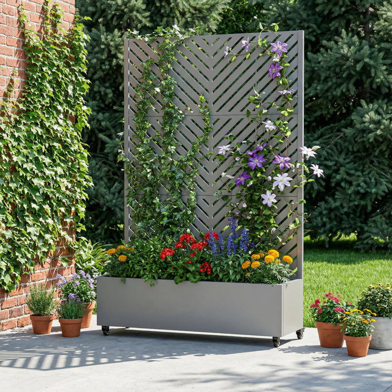 Metal Planter Box with Trellis with Wheels, 72" H x 47" W x 16" D, Gray