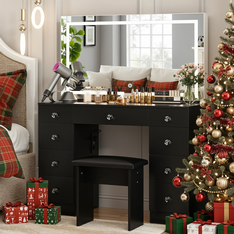 Vanity Set With LED Mirror & Power Outlets, 9 Drawers with Diamond Handles
