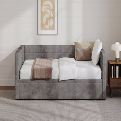 Twin Size Upholstered Daybed Frame With Extended Pop Up Trundle,Space-Saving Twin To King Design, Chenille Fabric Sofa Bed For Living Room Guest Room,