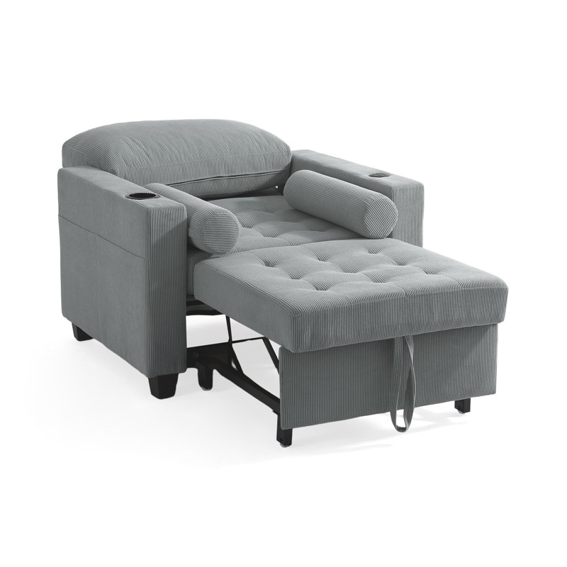 Canapé-lit convertible gris en velours côtelé capitonné 3-en-1 avec canapé-lit multifonctionnel avec 2 coussins moelleux, prise USB et porte-gobelet