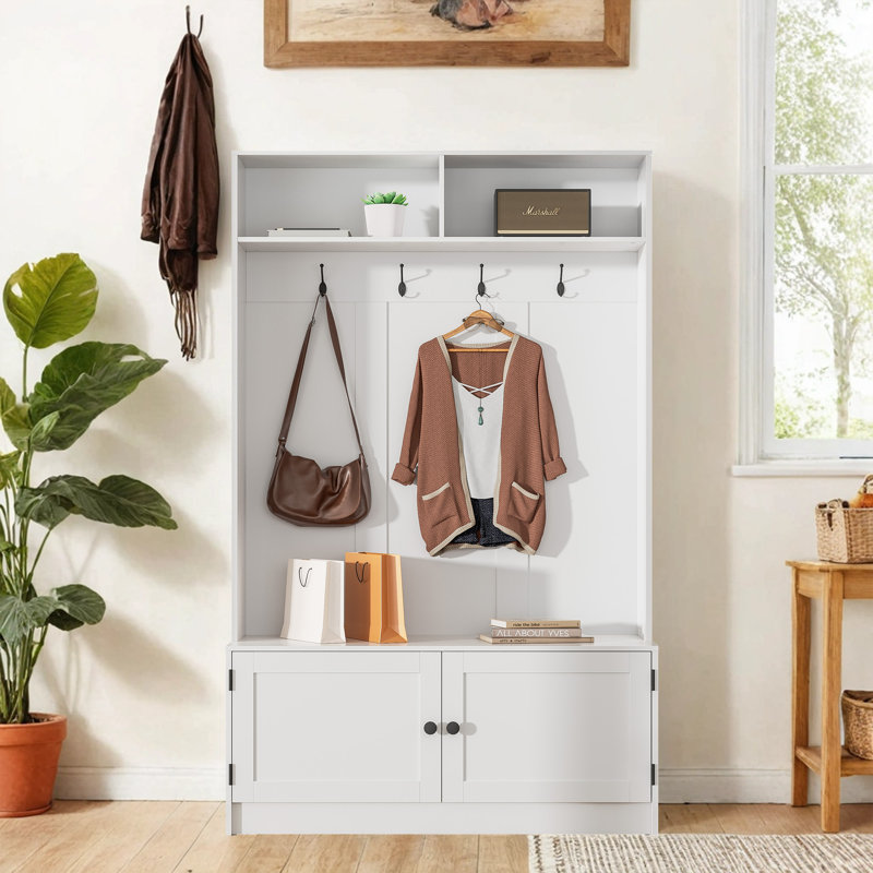 White Wooden Hall Tree with Storage Bench and Coat Rack