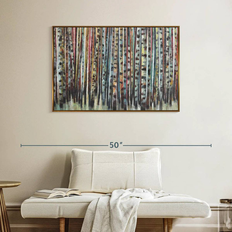 Forêt de bouleaux peinte, Cadre flottant doré, 40 po x 27 po