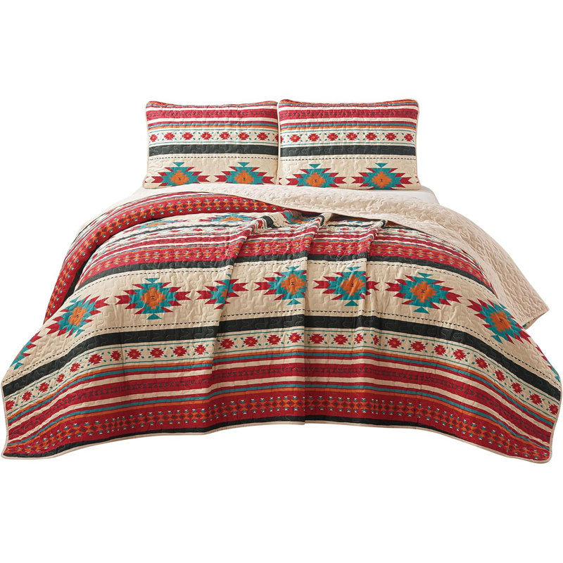 Lightweight Southwestern Geometric Tribal Aztec Quilt Set, Queen Quilt + 2 Standard Shams, Cream/Red/Teal/Orange