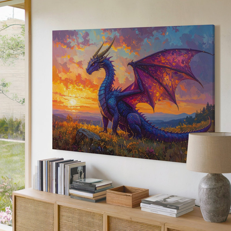 Majestic Purple Dragon Canvassunset Fantasy Art On Cliffside Wall Art Canvas, 20" H x 30" W