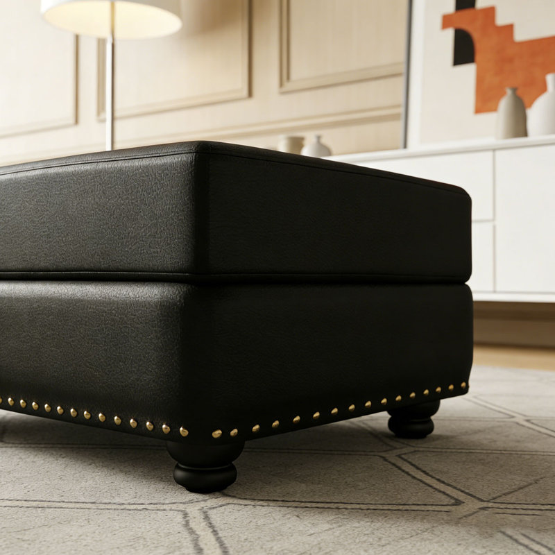 Faux Leather Ottoman, Black