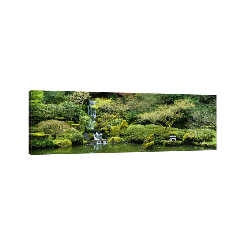 Waterfall In A Garden, Japanese Garden, Washington Park, Portland, Oregon, USA - Wrapped Canvas Panoramic Print