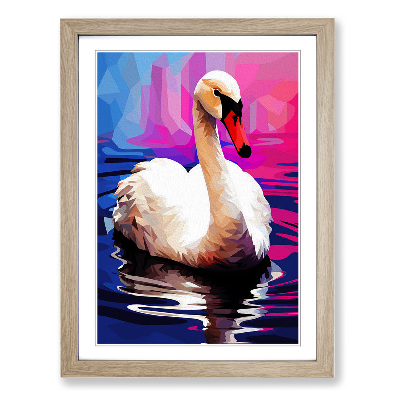 Swan Pop - Single Picture Frame Print on Wood, Oak Framed, 64cm H x 46cm W
