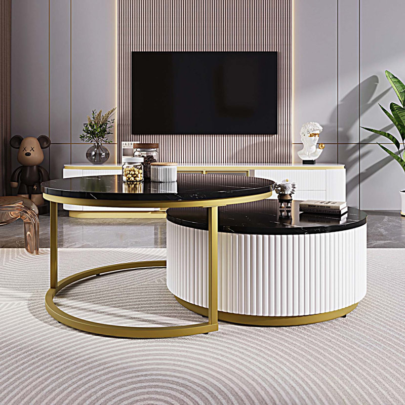 Table basse gigogne moderne avec tiroir, Noir, H 15,7 po x L 27,5 po x l 27,5 po