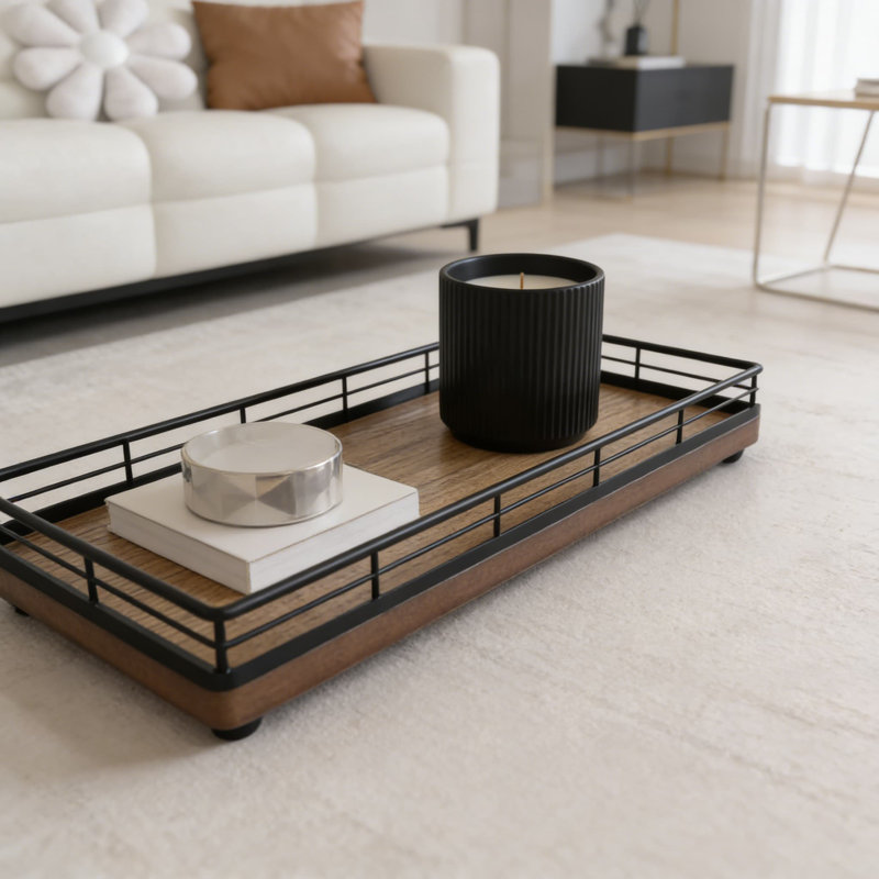 Plateau de meuble-lavabo en bois avec rebords en filet de fer, organisateur de comptoir de salle de bain pour commode, cuisine, café et décoration intérieure