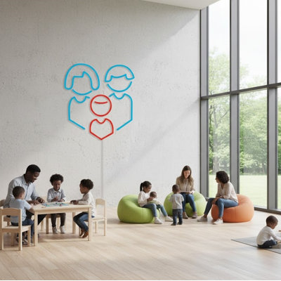  | Enseigne néon Family Design | Fabriqué avec des tubes néon à DEL durables et écoénergétiques qui émettent une lumière vive vive pendant plus de 50 000 heures sans décoloration ni scintillement | 19 x 18 | Bleu clair et rouge