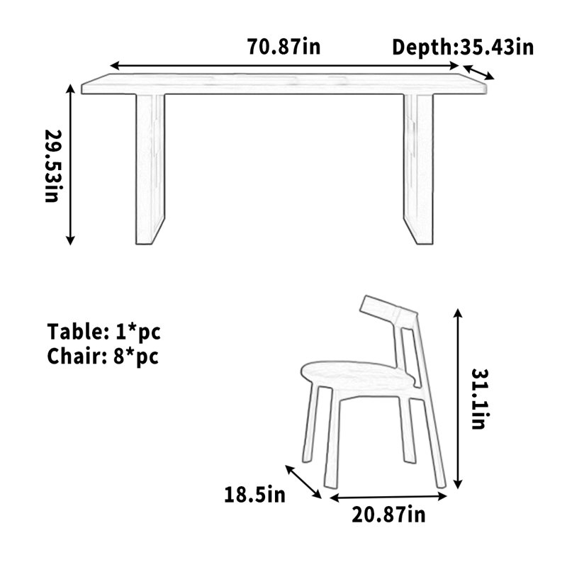 Mease, 9 pièces : table, 8 chaises, H 29,53 po x l 70,87 po x P 35,43 po, Beige