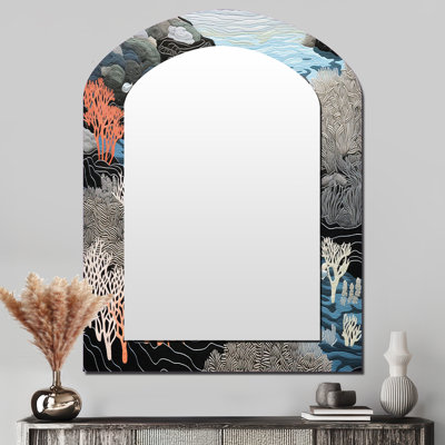Noir et blanc abstrait Coral River I - grand miroir mural Corals Arch, miroir décoratif asymétrique gris, impression sur métal