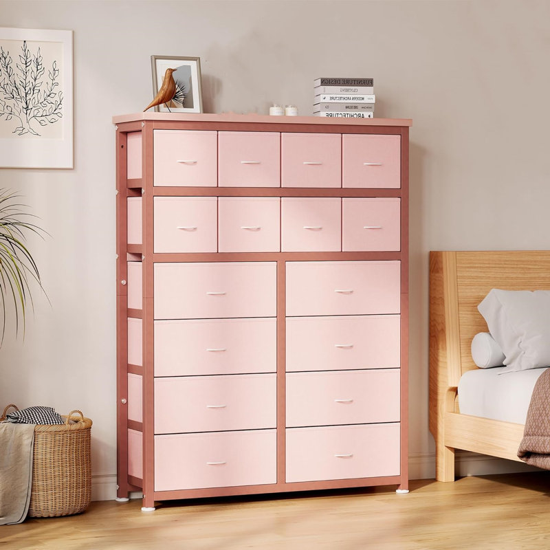 Aninye 16 - Drawer Chest of Drawers, Antique pink and pink
