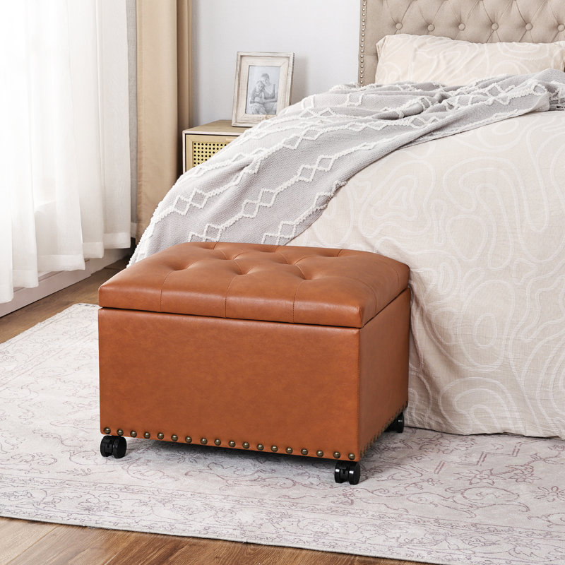 Rectangle Faux Leather Storage Ottoman with Casters, Orange