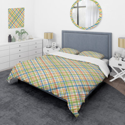 Ensemble de housse de couette multicolore à carreaux vert / jaune / bleu en microfibre 3 pièces