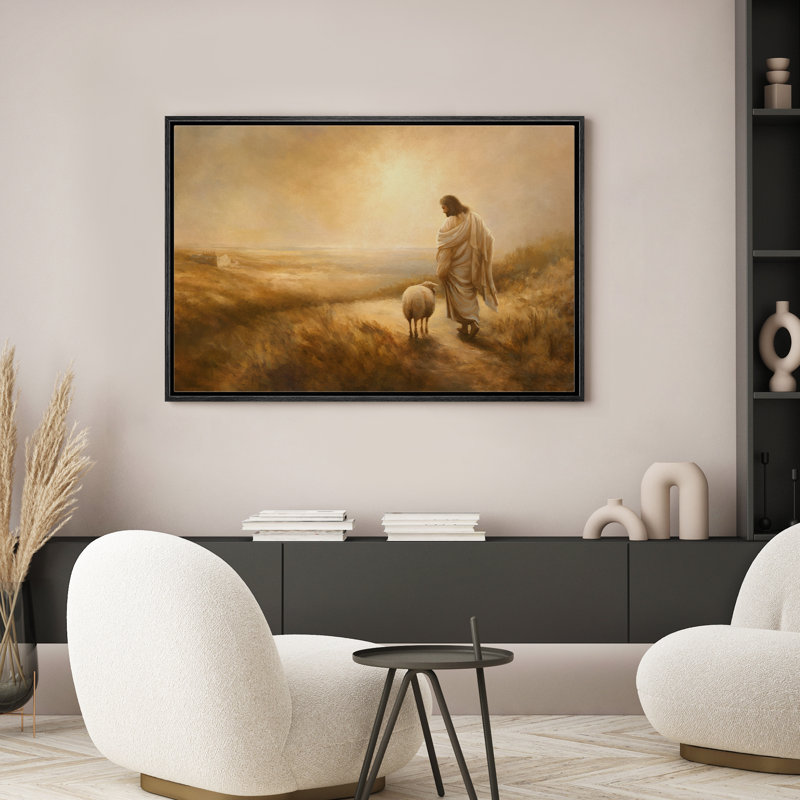 Jesus Christ And The Lost Lamb Walking Vintage Illustrations Religious Christian Artwork, Black, 16" H x 24" W