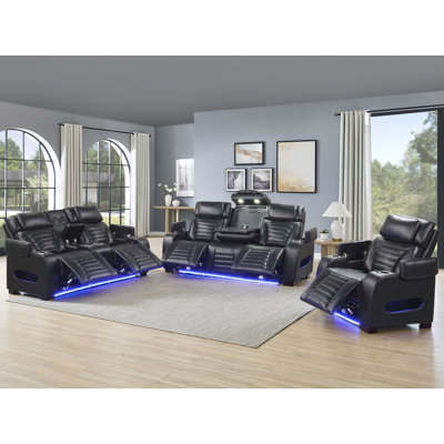 3 - Piece Power Reclining Breathable Leather Living Room Set With Blueooth Speeker And Drop Down Table (Set Of 3)