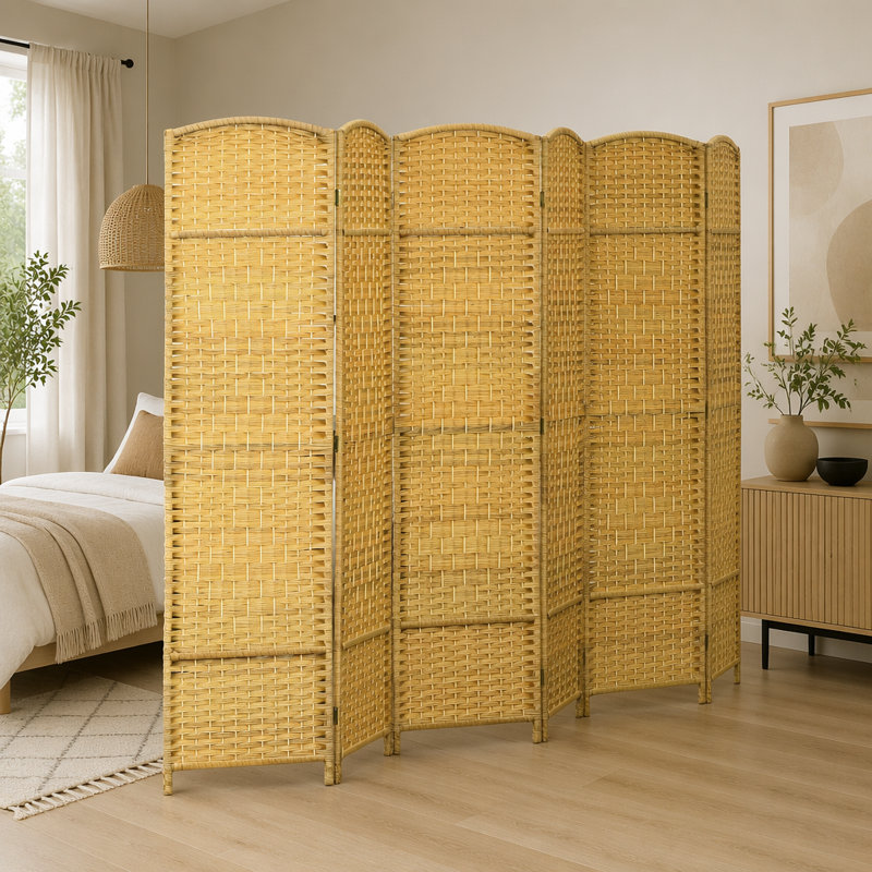 Paravent 6 panneaux pliant, écran d'intimité tissé à la main pour la maison et le bureau, esthétique du bois naturel