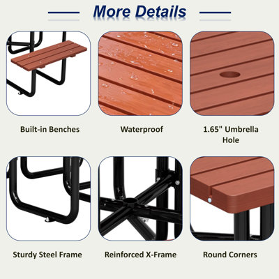 Ensemble de table de patio extérieur avec bancs intégrés et trou pour parasol