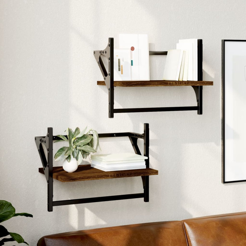 Set Of 2 Brown Oak Wall Shelves With Bars - 40X25x30 Cm - Stylish And Functional, Brown