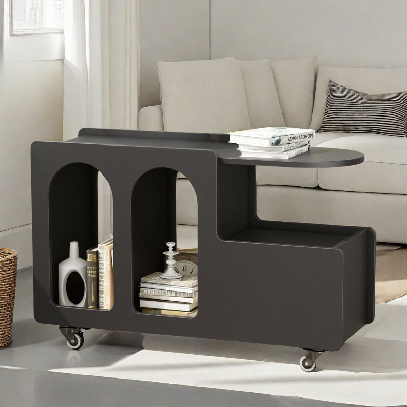 Mobile End Table With Lockable Wheels, A Drawer And Raised Tabletop Edge, Black