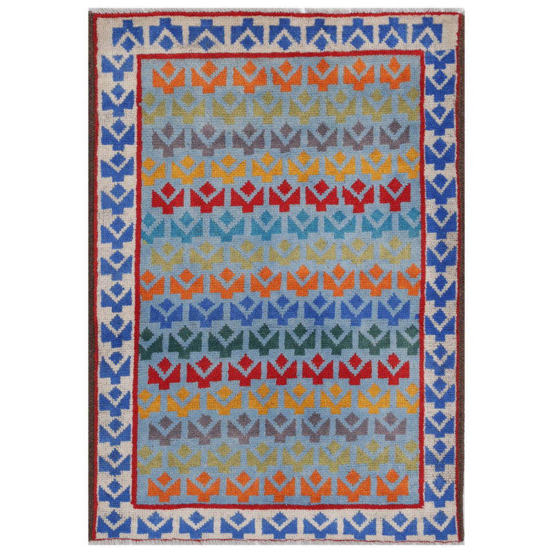Tapis bleu / rouge / orange en laine noué à la main de conception unique 2 pi 8 po x 4 pi New Age Celestyna