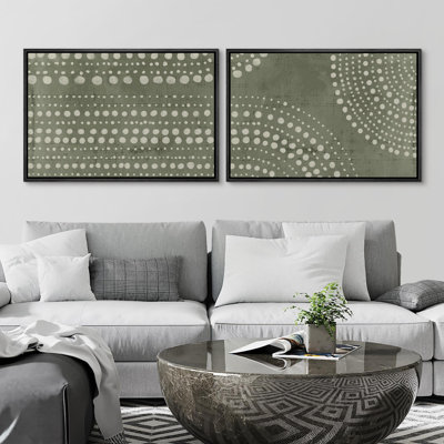 Mid Century Shape " Olive Green Tones Abstract Modern Dot Matrix Geometric " 2 - Pieces