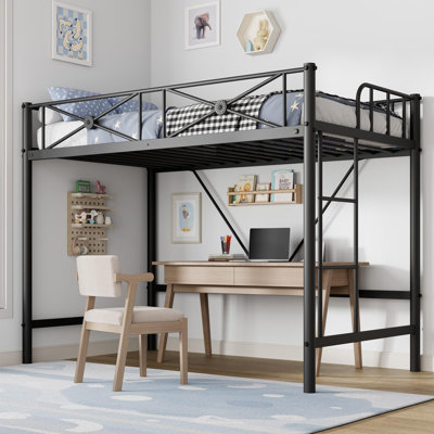 Lit mezzanine simple en métal noir avec rails de sécurité, conception peu encombrante pour enfants et adolescents
