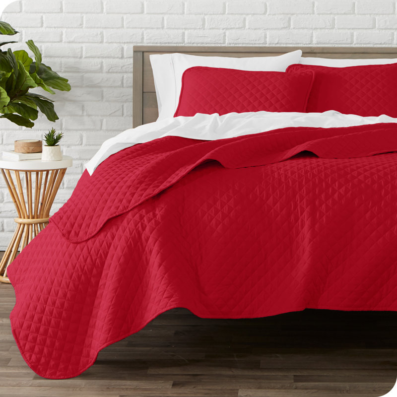 Red Twin Diamond Stitched Microfiber Quilt Set