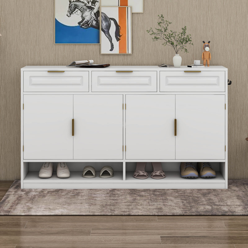 Farmhouse Style Sideboard Buffet With 3 Drawers & 4 Doors, Adjustable Shelf & Open Display Compartments, White