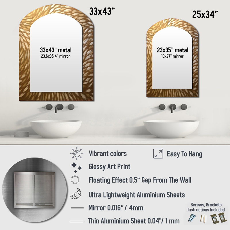 Delicate Modern Golden Wave Pattern - Abstract Shapes Asymmetrical Decorative Wall Mirror, Modern Arch Mirror, Printed Metal Art