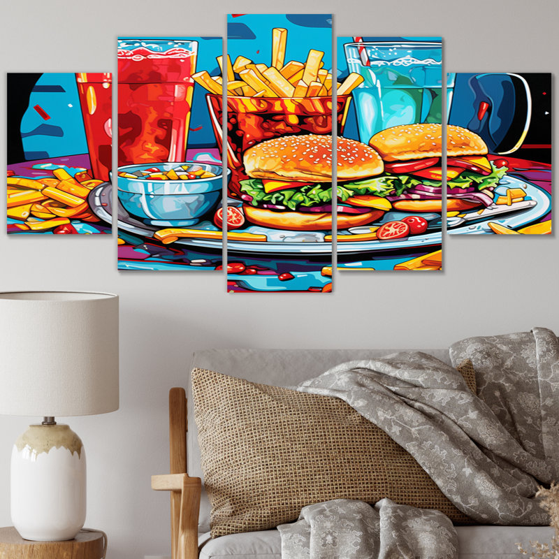 Pop Art Fast Food Hamburger Meal II - impression sur toile pour aliments et boissons - 5 panneaux
