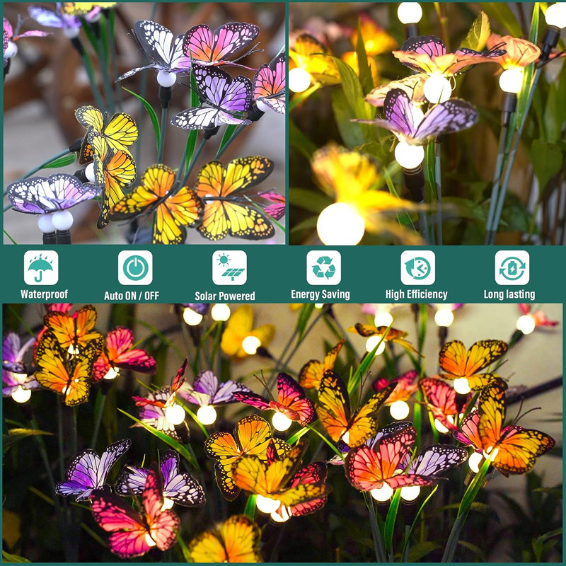 Éclairage solaire de jardin - le tout dernier luminaire papillon oscillant, se balançant au vent, lumières solaires extérieures, décoration de chemin de patio, fil de fer à haute flexibilité et papillons réalistes (paquet de 4)