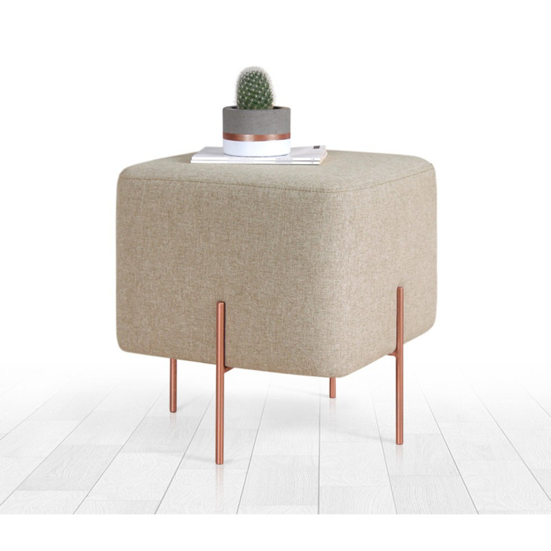 Bohemian Pouffe with Copper Coated Iron Legs, Coffee Color, 15.7 x 16.5 x 15.7 inches | 50% Cotton / 50% Linen Upholstery, 2.0 in Orthopedic Sponge | Stylish & Comfortable for Home or Hotel Decor