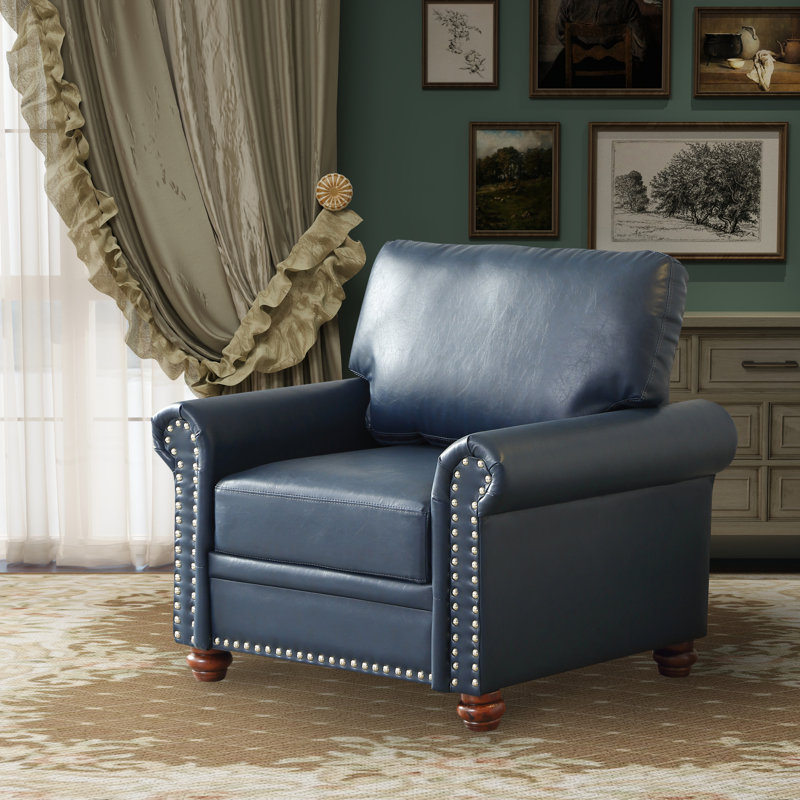 Deiontay Wide Single Sofa Chair with Wood Leg, Navy PU Leather