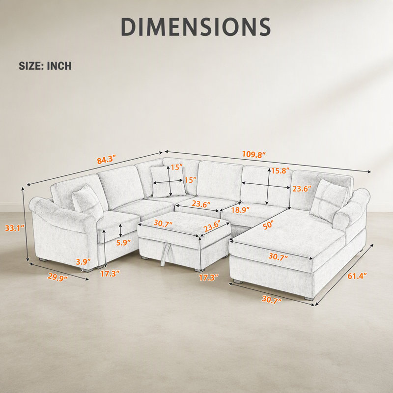 Canapé modulaire Canapé modulaire rembourré en chenille de 109,8 po en U avec repose-pieds de rangement mobile pour le salon, brun