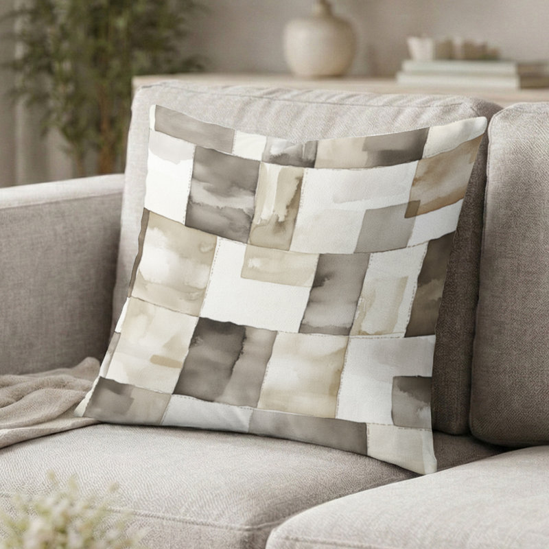 Coussin Country Farmhouse - Patchwork gris et beige, H 20 po x l 20 po
