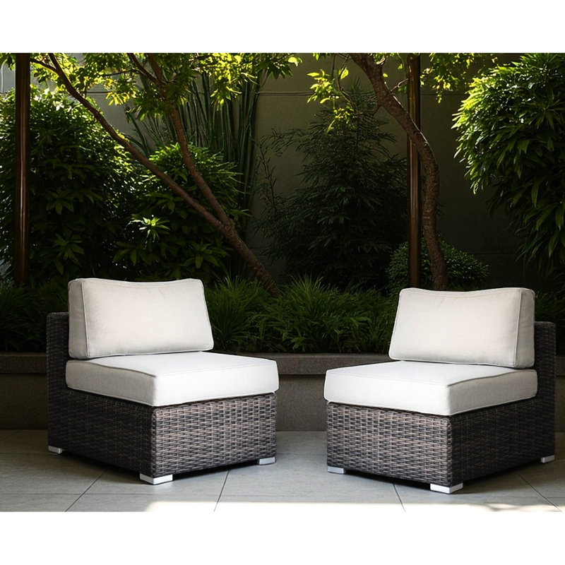 2 chaises de patio sans accoudoirs - 4 coussins, structure en aluminium, mousse à cellules ouvertes de fermeté moyenne, confort modulaire durable et 2 confortables tout temps, sans outils