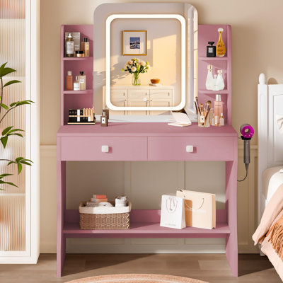 Petit meuble-lavabo de maquillage, l 29,5 po x P 15,8 po x H 51,2 po, (miroir à DEL intelligent, support pour sèche-cheveux, prise de courant, 5 tablettes, 2 tiroirs)