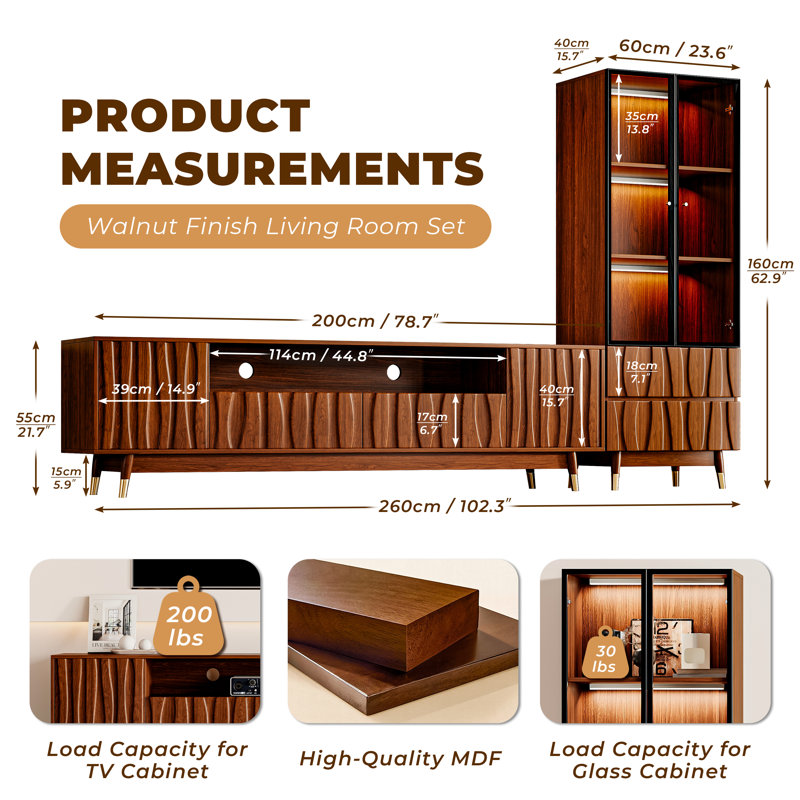 102.3“ Brown Entertainment Center For 55/58/65/70/75 Inch TV, Mid-Century Modern Wood Walnut Finish TV Stand And Glass Display Cabinet Set With Drawers And Storage For Living Room Bedroom