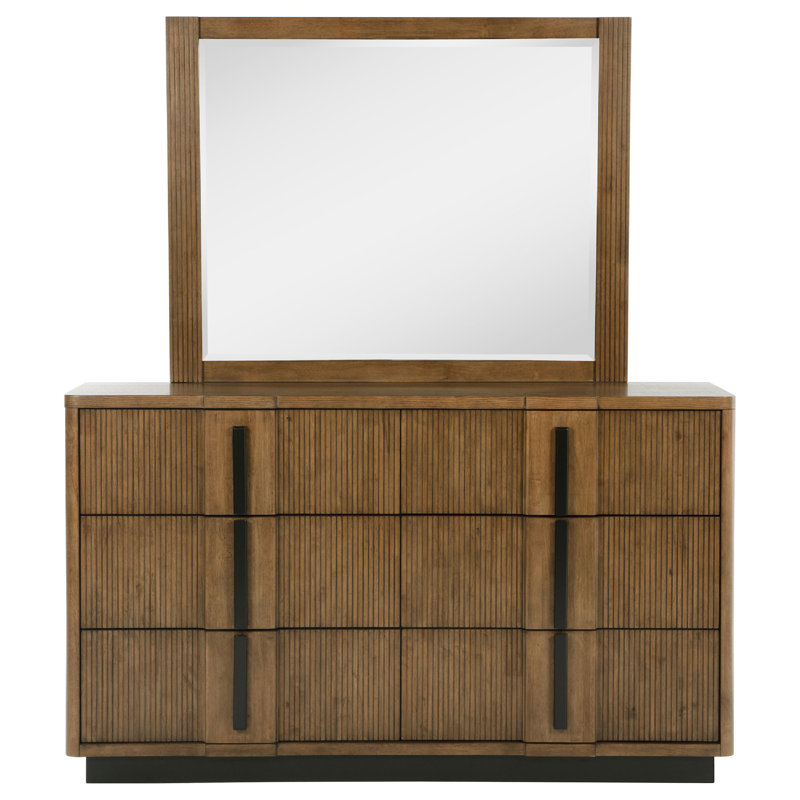 Commode large avec miroir Reon, 6 tiroirs, cannelures verticales, bois brun