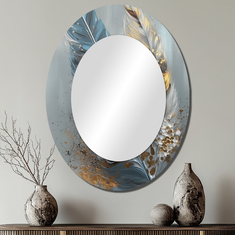 Gold Feather Wanderlust I - Gold Glam Oval Wall Mirror, 40" x 30"