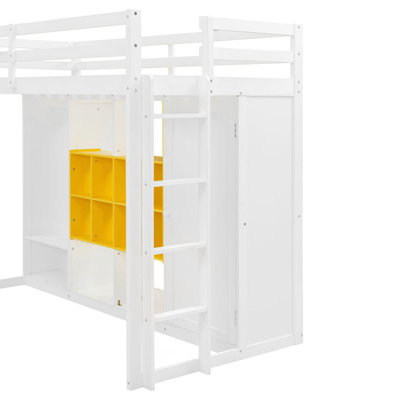 Lit mezzanine en bois avec garde-robe, tablettes et armoire, Jaune / Blanc, Lit simple