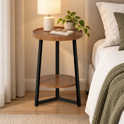Table de bout ronde à 2 niveaux avec tablettes, structure en métal noir, table d'appoint de style maison de campagne pour le salon ou la chambre à coucher